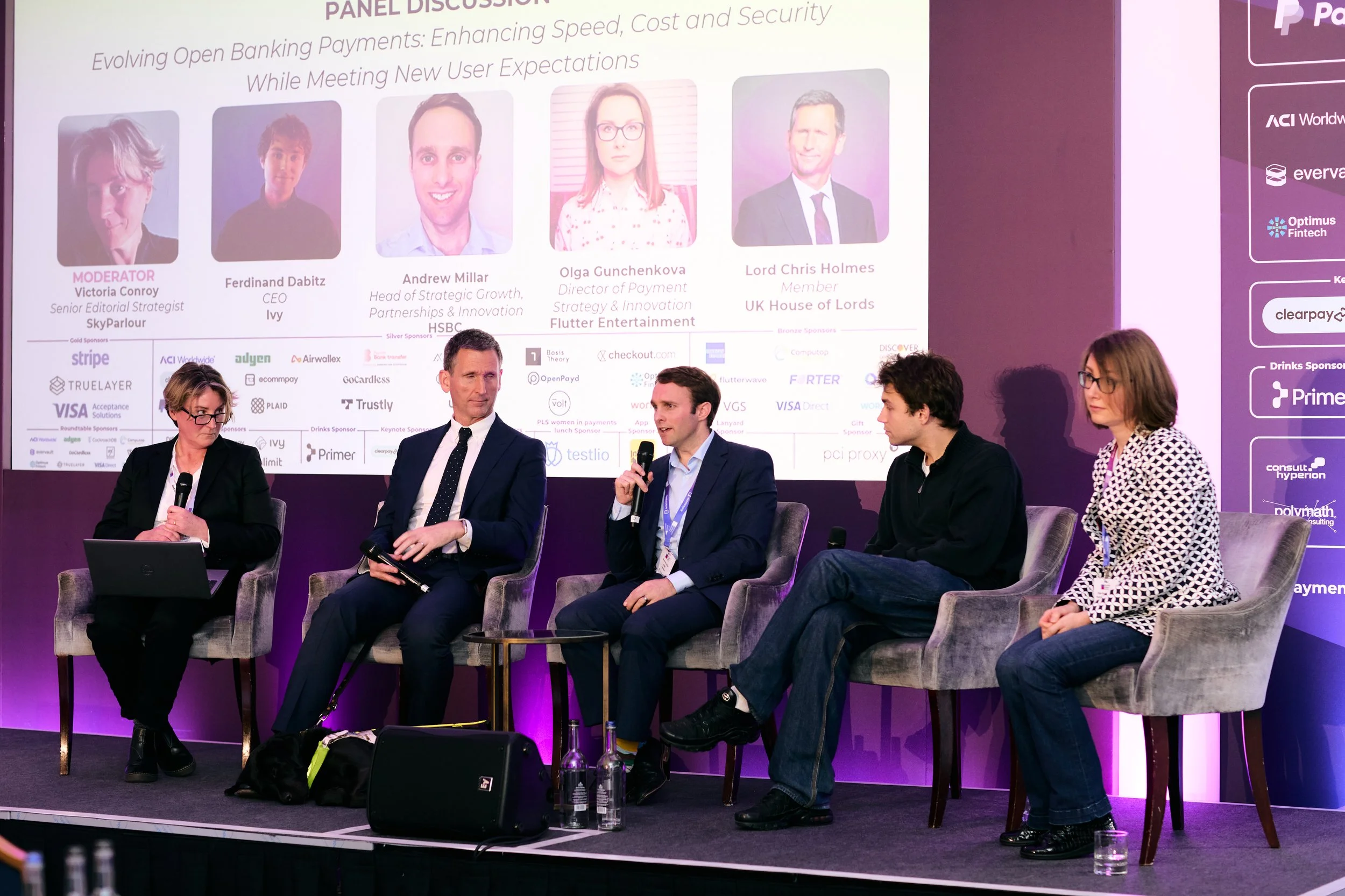 Image of Victoria Conroy, founder of PromptlyPR, moderating a panel at the Payment Leaders' Summit event in 2024