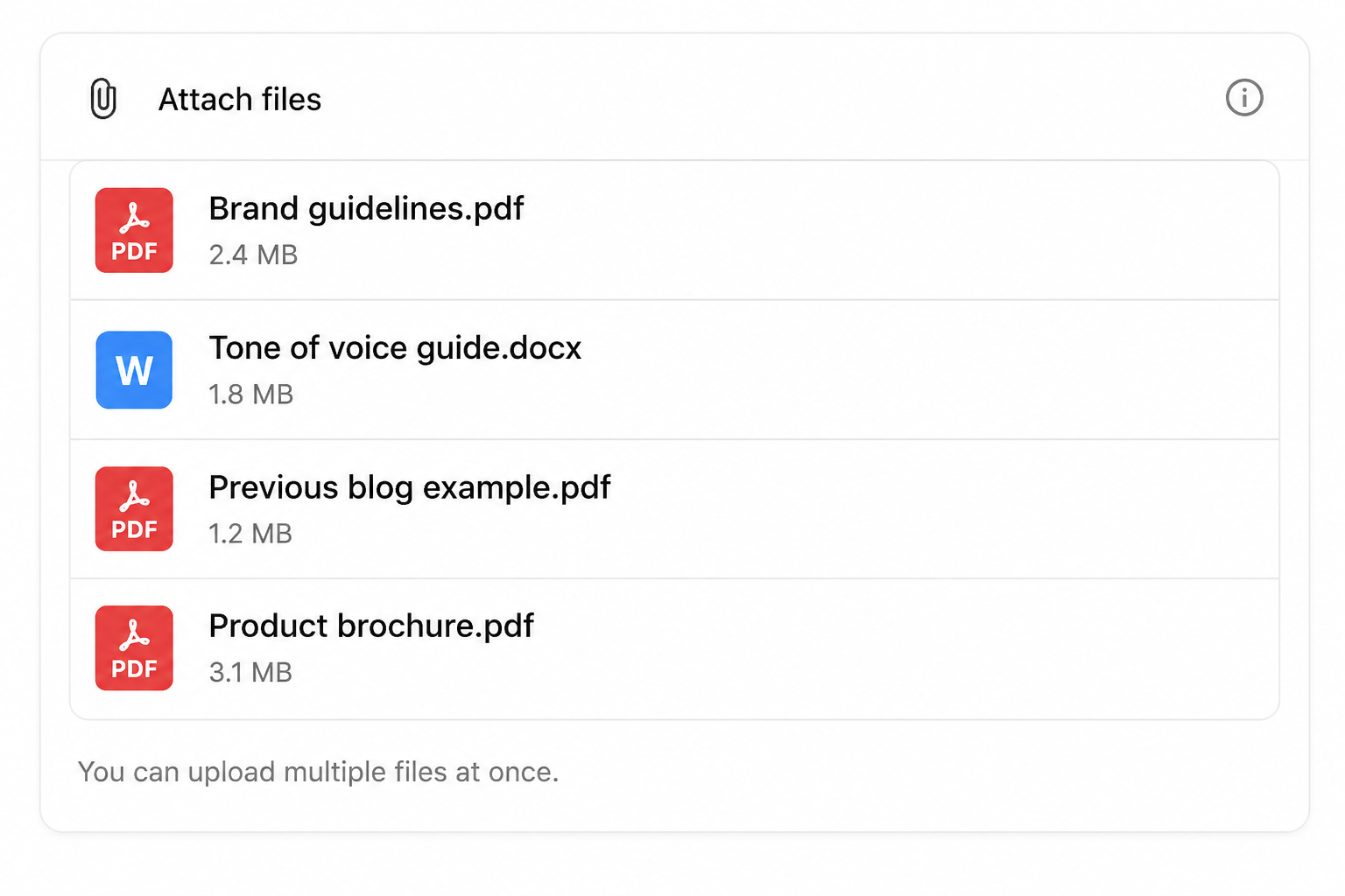 PromptlyPR GPT file upload interface showing four files: a PDF named "Brand guidelines.pdf," a Word document titled "Tone of voice guide.docx," a PDF called "Previous blog example.pdf," and a PDF named "Product brochure.pdf," with file sizes listed.