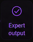 A black digital badge with a checkmark inside a circle and the words 'Expert output' below it, illuminated with purple neon light.