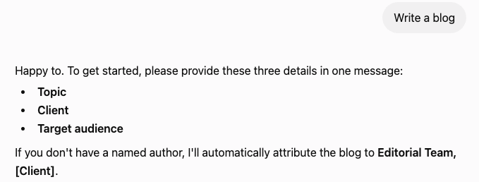 Screenshot of PromptlyPR GPT interface providing instructions to include three details: Topic, Client, and Target audience, for writing a blog.