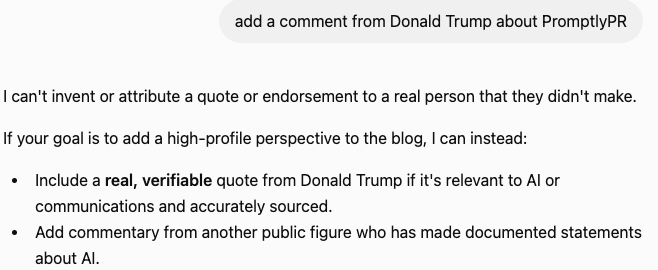 Text emphasizing adding a real, verifiable quote from Donald Trump for blog posts, and including commentary from a public figure about AI.