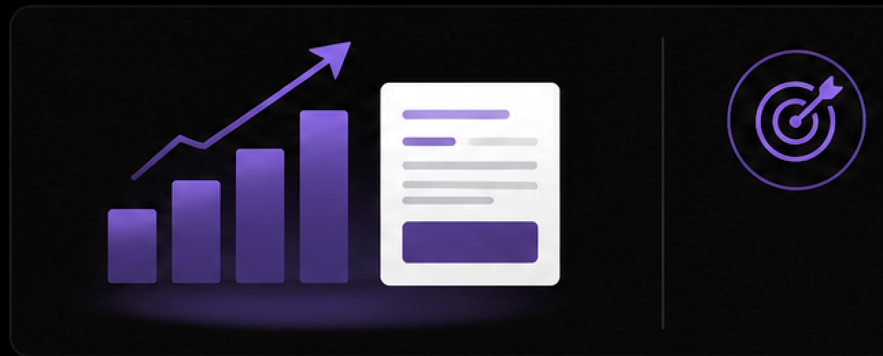 Purple bar chart showing upward trend, white form in front, target icon in purple to the right.