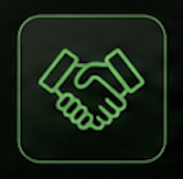 Icon of two hands shaking, outlined in green on a black background.