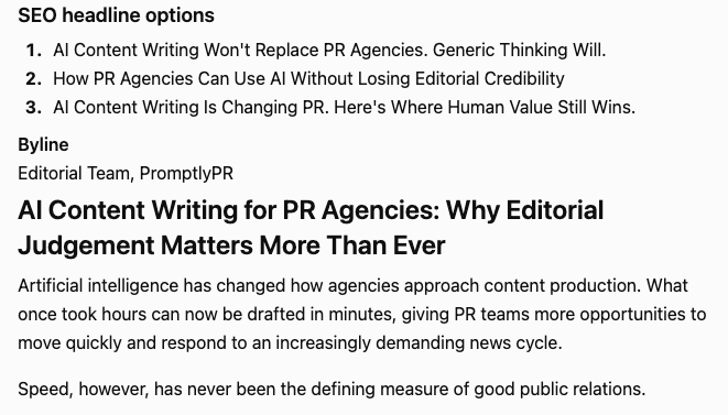 Screenshot of PromptlyPR draft blog output outlining SEO headline options and the importance of editorial judgment in AI content writing for PR agencies.