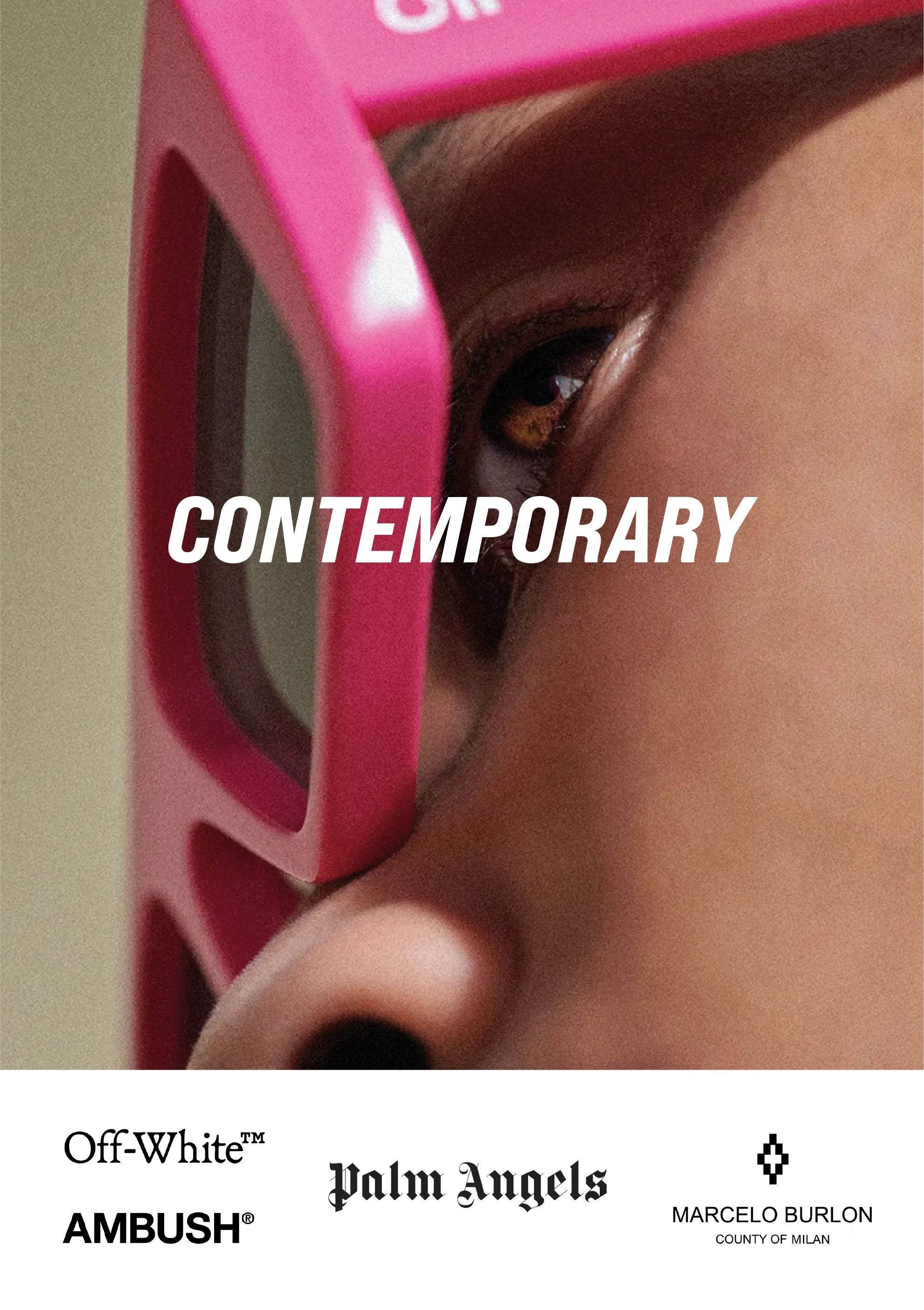 Close-up of a person's eye visible behind a pink object, with the word 'CONTEMPORARY' overlayed on it.