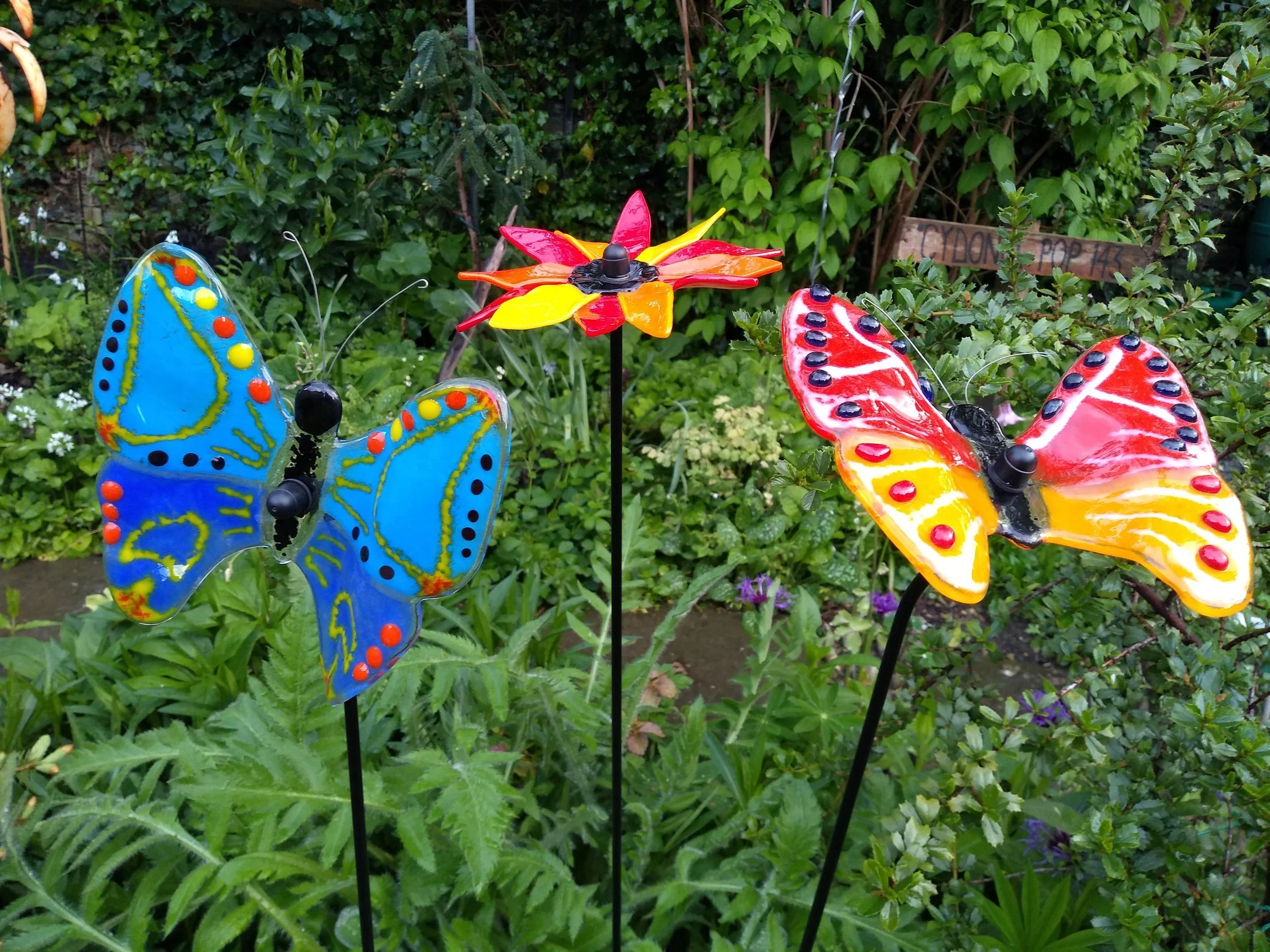 Fused glass butterflies and flower
