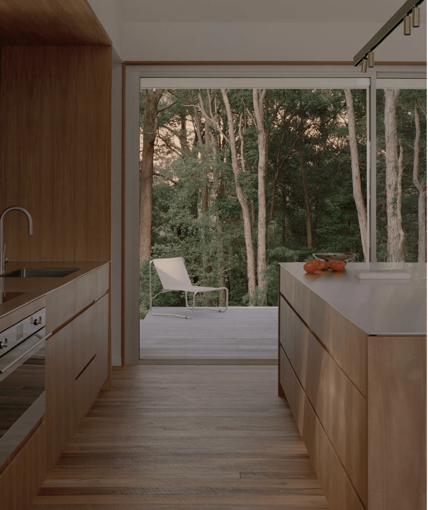 Ironbark House Interior detailing: Timber kitchen cabinets and a view of the forested outdoor area.