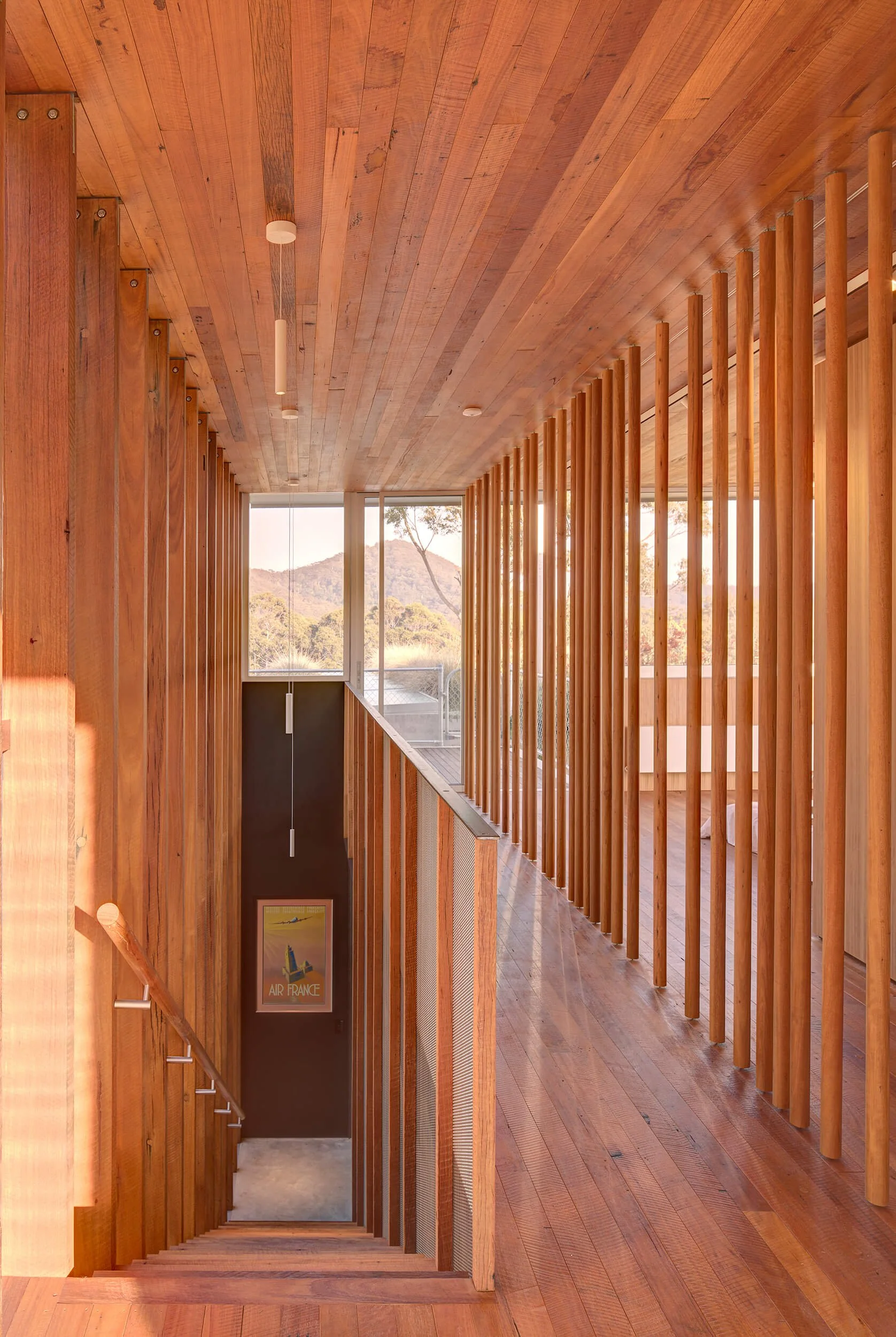 Crafted timber interior with lake and sky panorama, Pacific Palms