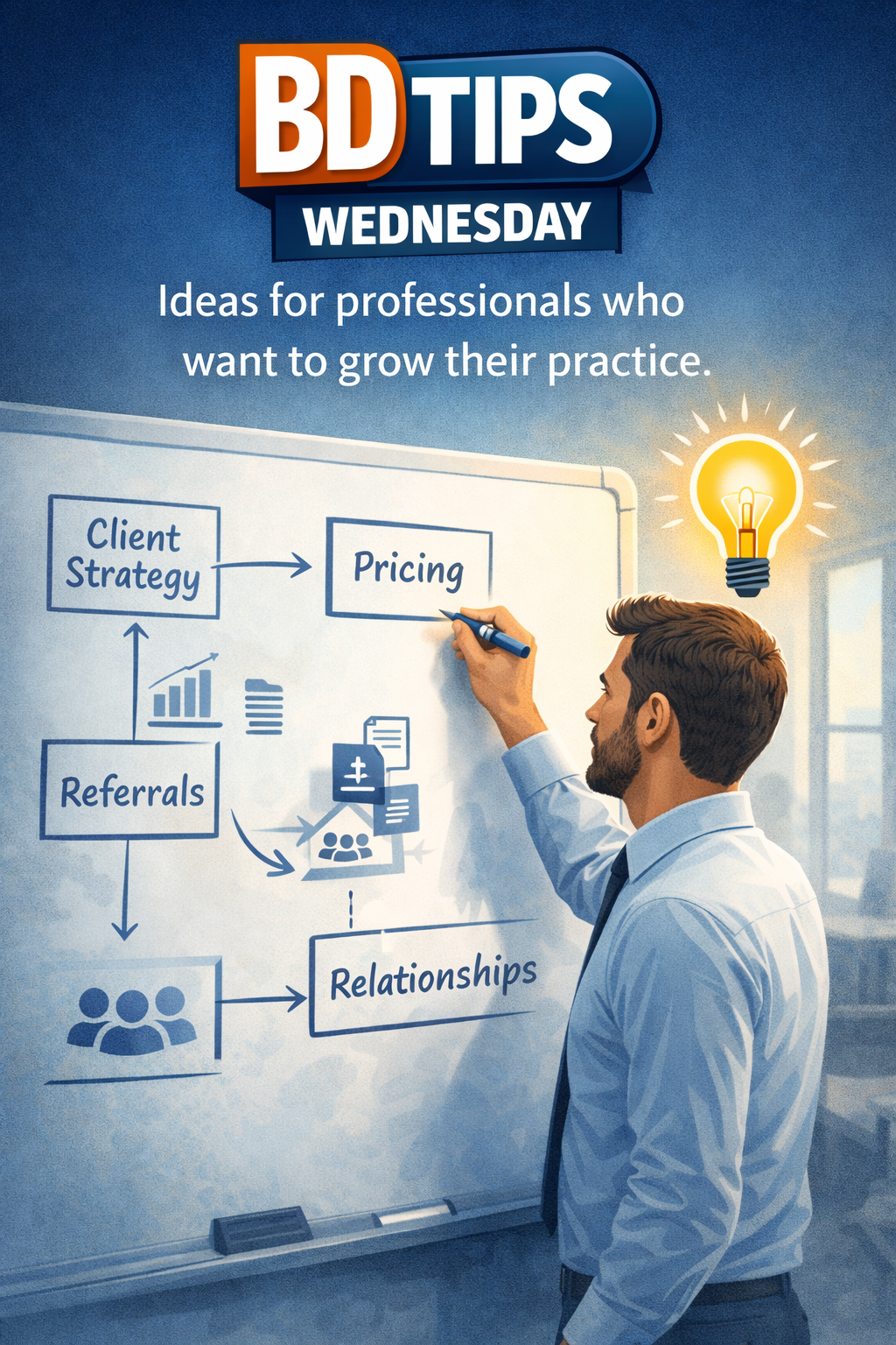 This illustration represents the core ideas behind BD Tips Wednesday, a thought leadership series focused on helping professionals grow their practice through smarter business development.