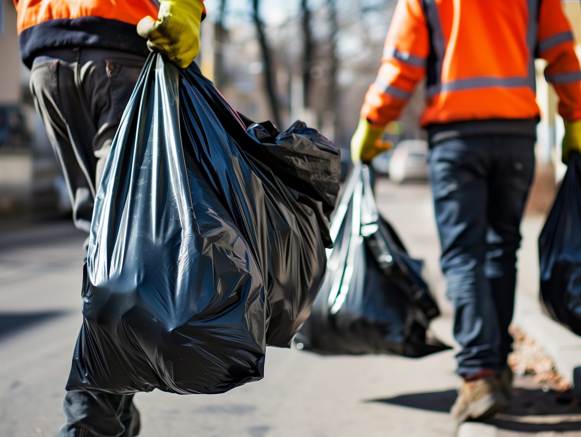 Two people in orange safety jackets and yellow gloves are cleaning up street trash with trash bags.