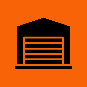 Icon of a warehouse or storage unit with horizontal lines, on an orange background.