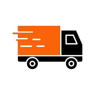 Icon of a moving truck with an orange cargo area and black cab.