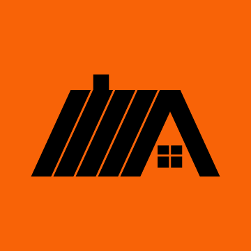 A logo with stylized black letters and a small house icon on an orange background.