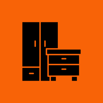 Outline drawing of a wardrobe and a chest of drawers against an orange background.