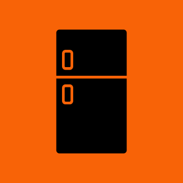 Silhouette of a two-door refrigerator on an orange background.