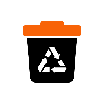 Trash can with recycling symbol and orange lid.