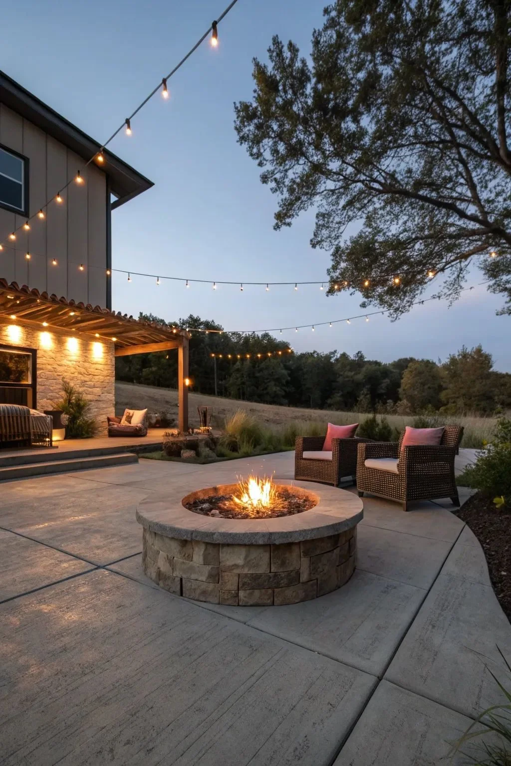Outdoor patio area with a fire pit, wicker chairs with pink cushions, string lights overhead, a deck with seating and plants, and a backdrop of trees and evening sky.