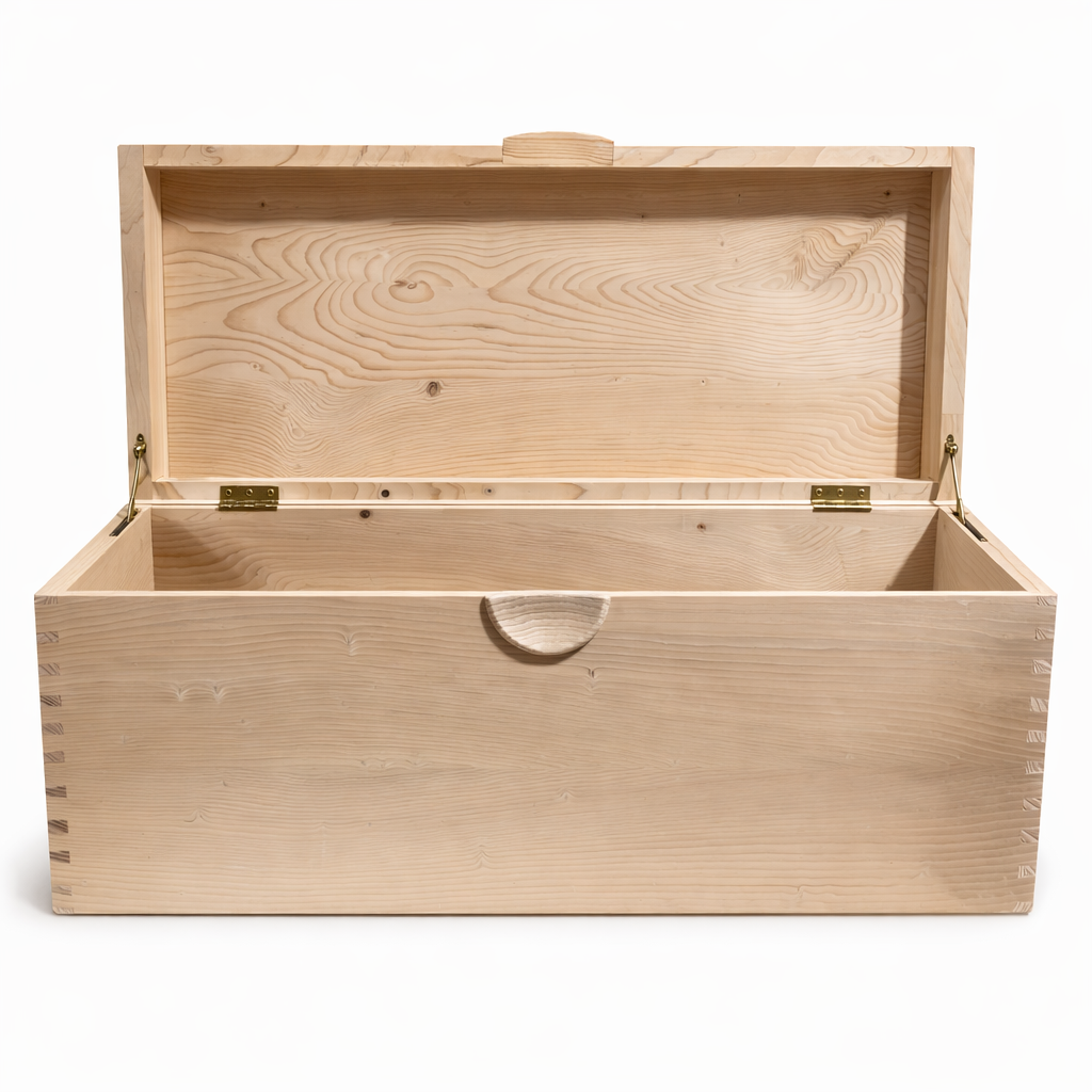 Empty wooden storage chest with lid open, showing the interior.