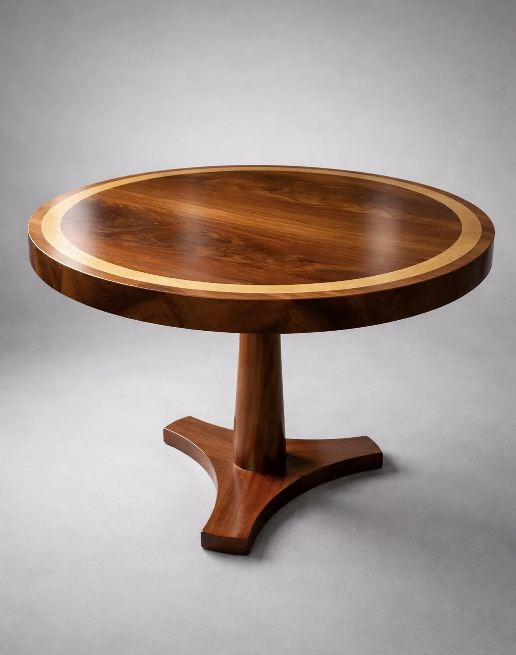 A round wooden table with a light-colored rim and a single central support stand, set against a plain background.