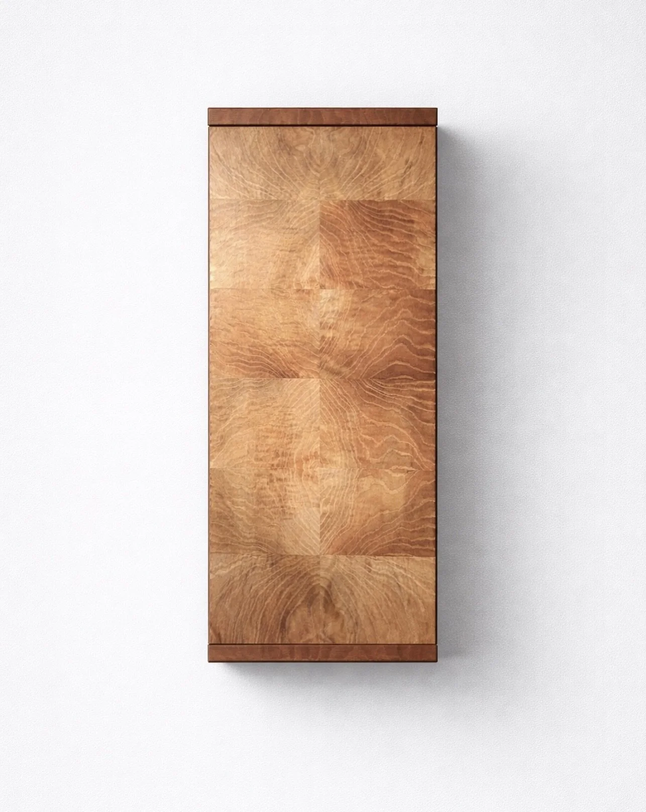 Burr oak wall cabinet from 2024. The sawcut Oak veneers for the front of this cabinet came from a unique piece of oak root that I source in Scotland many years ago. It had a close grain and lustrous finish very unlike oak in many ways. Quite unique.
