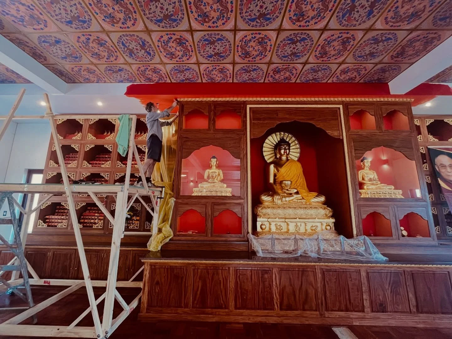 Back on site at the Buddhist temple project in Johannesburg.
We&rsquo;re fitting the cornice mouldings we cast last year and repainting the surrounding areas.

Next week we begin installing the cabinets along the north wall, and start applying tradit