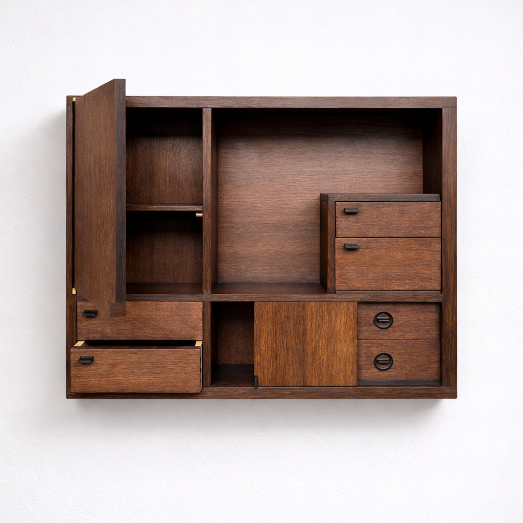 A wooden wall-mounted cabinet with open and closed compartments and drawers against a white wall.