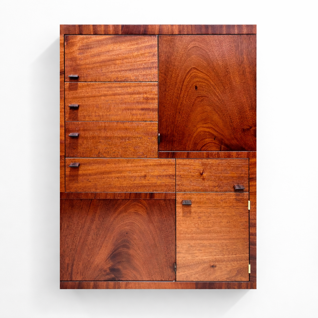 A mahogany wooden cabinet with multiple drawers and doors against a white background.