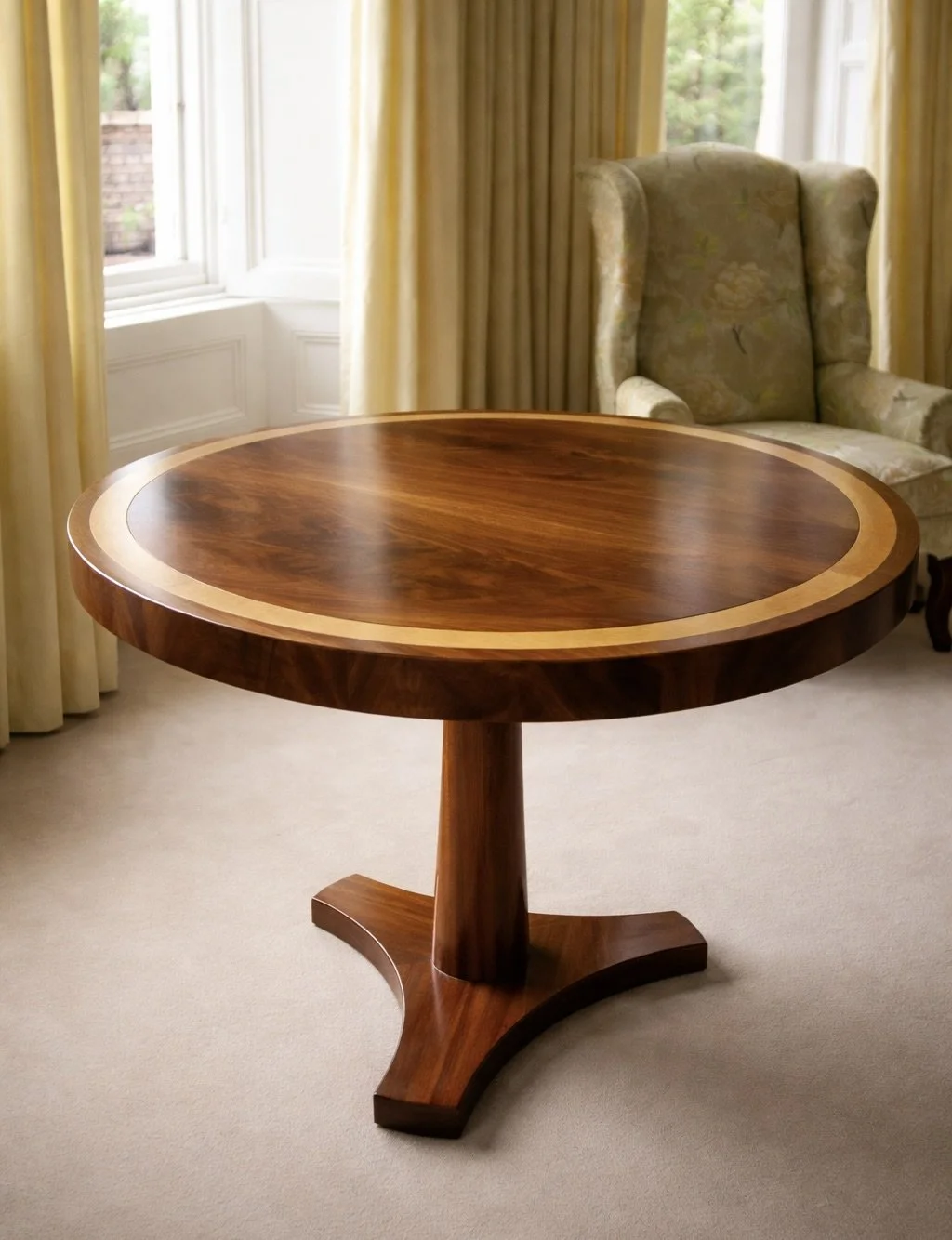 A round wooden table with a polished surface in a bright room with cream-colored carpet, beige curtains, a floral upholstered armchair, and windows with views of greenery outside.