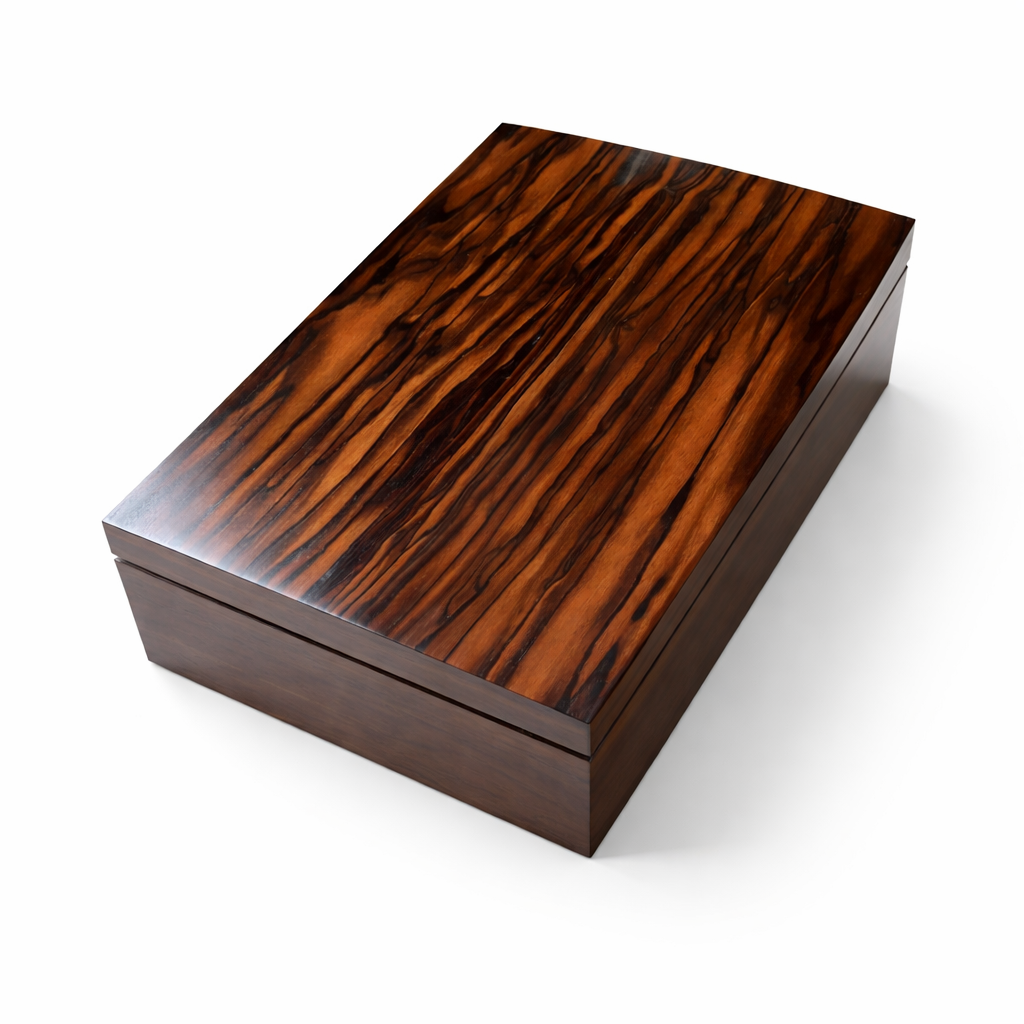 A wooden box with a polished, striped wood grain lid on a white background.