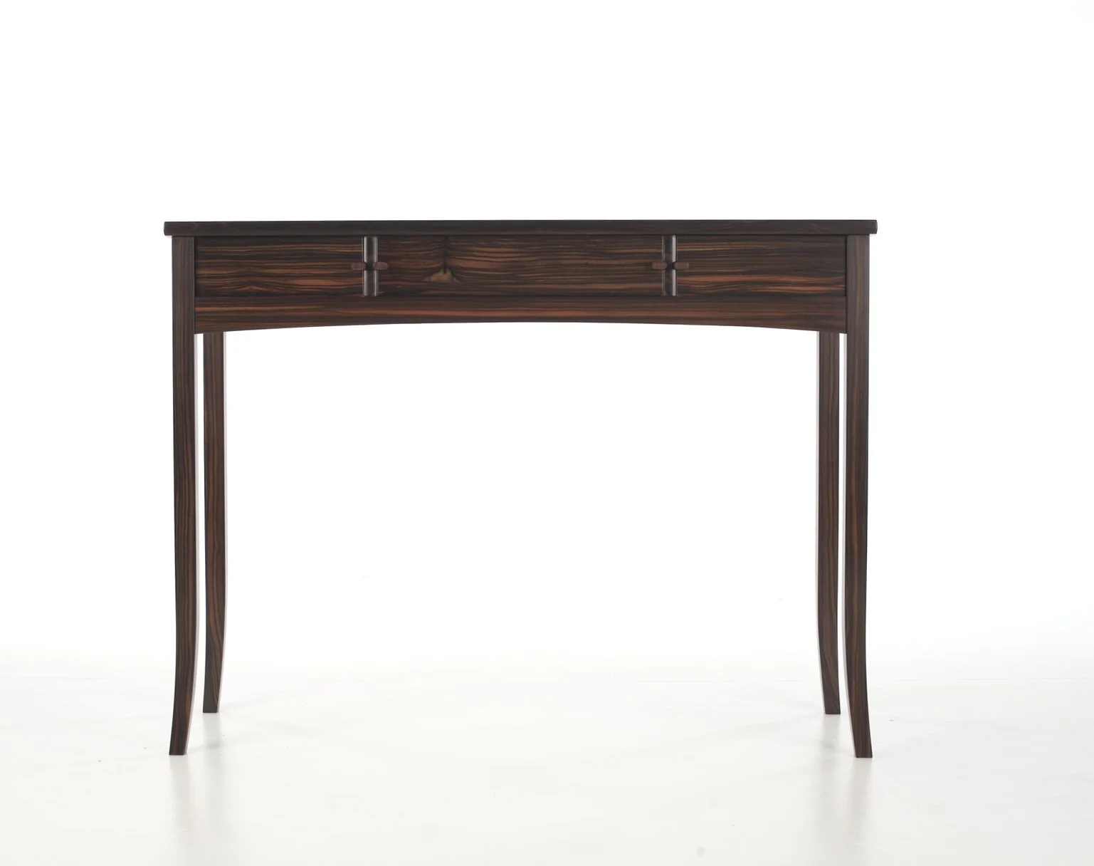 A dark wooden table with a narrow top and curved legs, set against a plain white background.