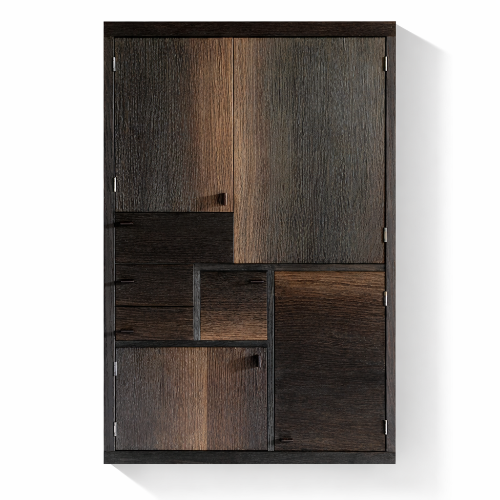 A dark wood cabinet with multiple compartments and silver hinges, placed against a white wall.