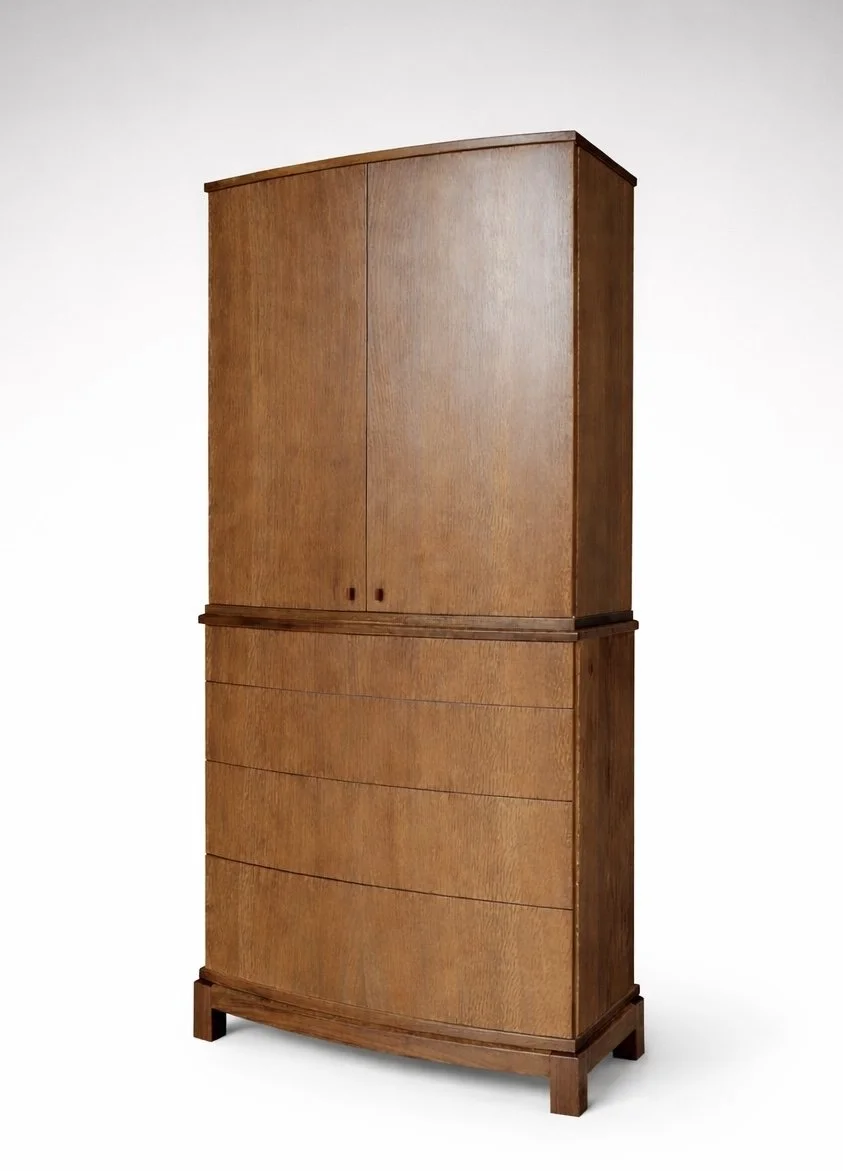 A tall wooden cabinet with closed doors and drawers, standing on four short legs.