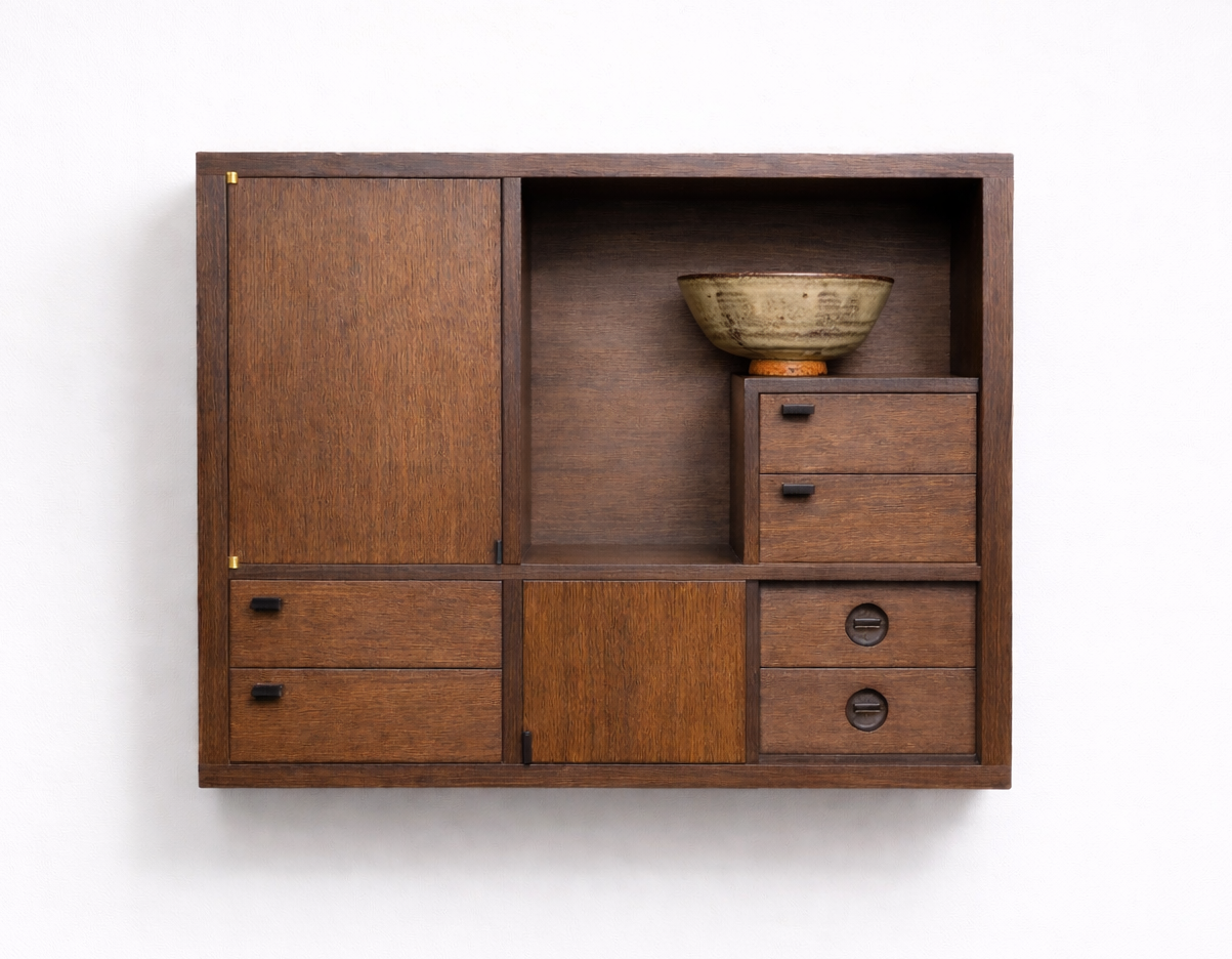 A wooden wall-mounted cabinet with multiple compartments, including drawers, and a ceramic bowl inside the open section.