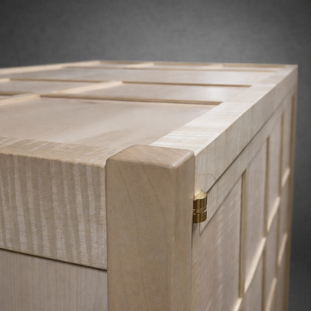 Close-up of a light-colored wooden cabinet corner with a brass hinge against a gray background.
