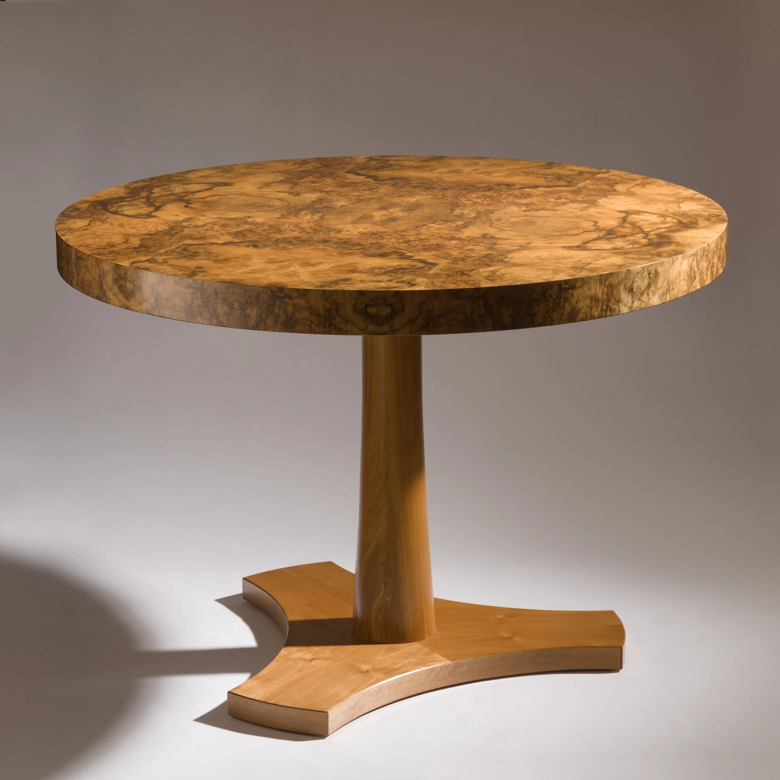 A round wooden table with a thick top and a single central support on a curved base, set against a plain background.