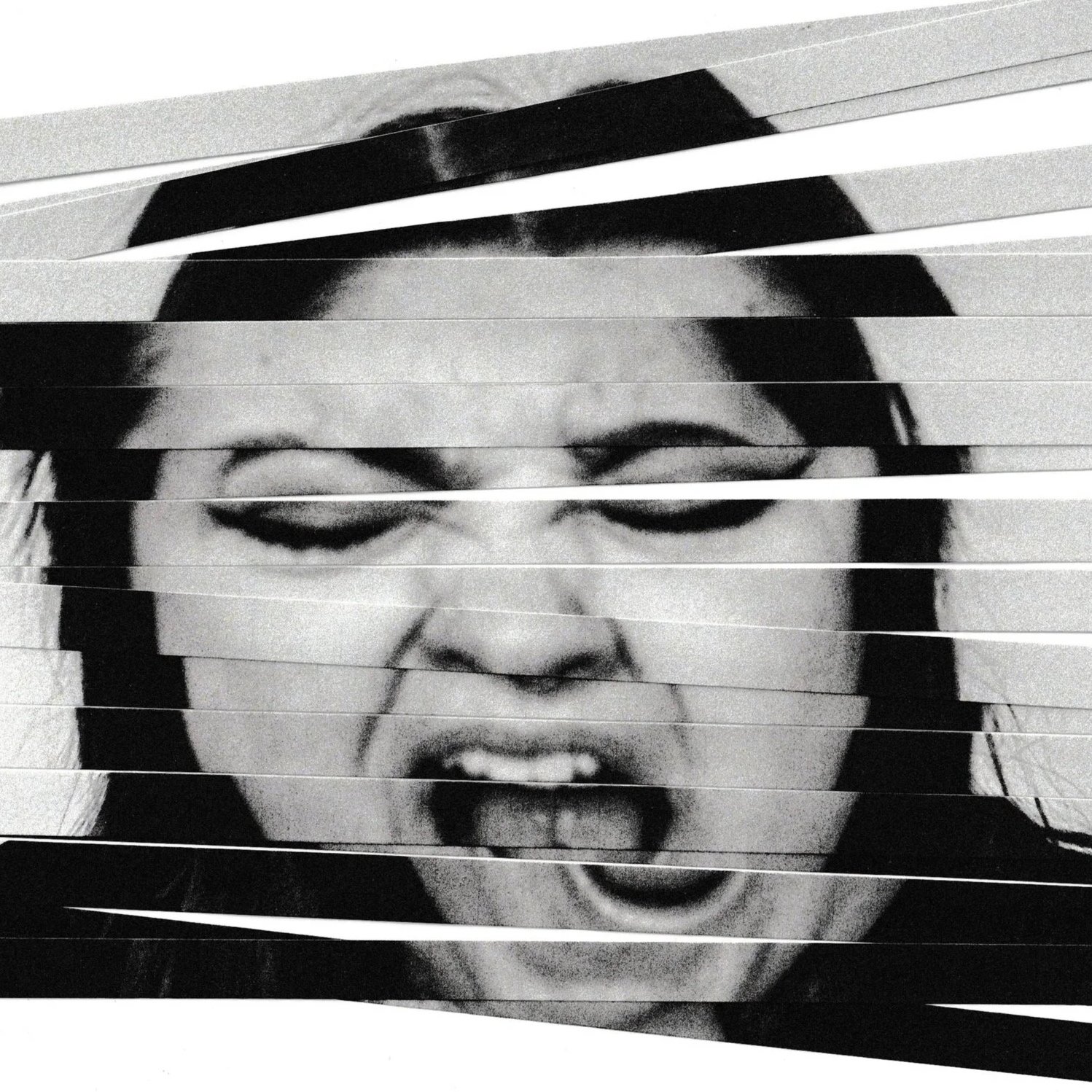 Black and white photograph of a person's face with eyes closed and mouth open, partially obscured by horizontal white lines or blinds.