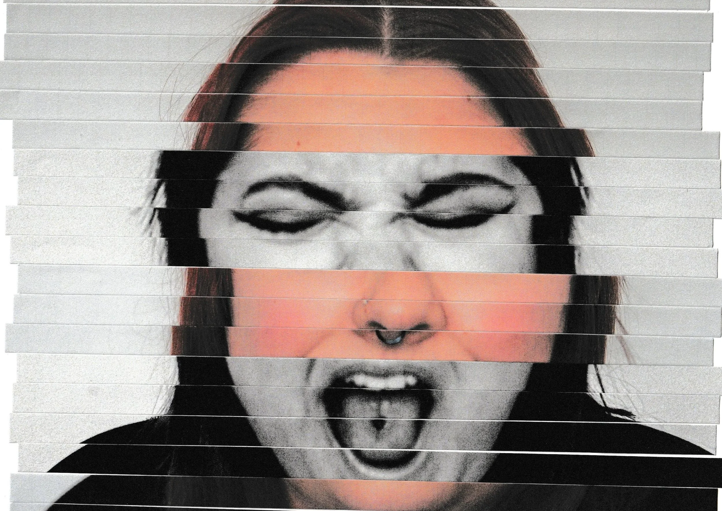 A large printed photo of a woman's face with closed eyes and a nose ring, mounted on a wall with horizontal slats.