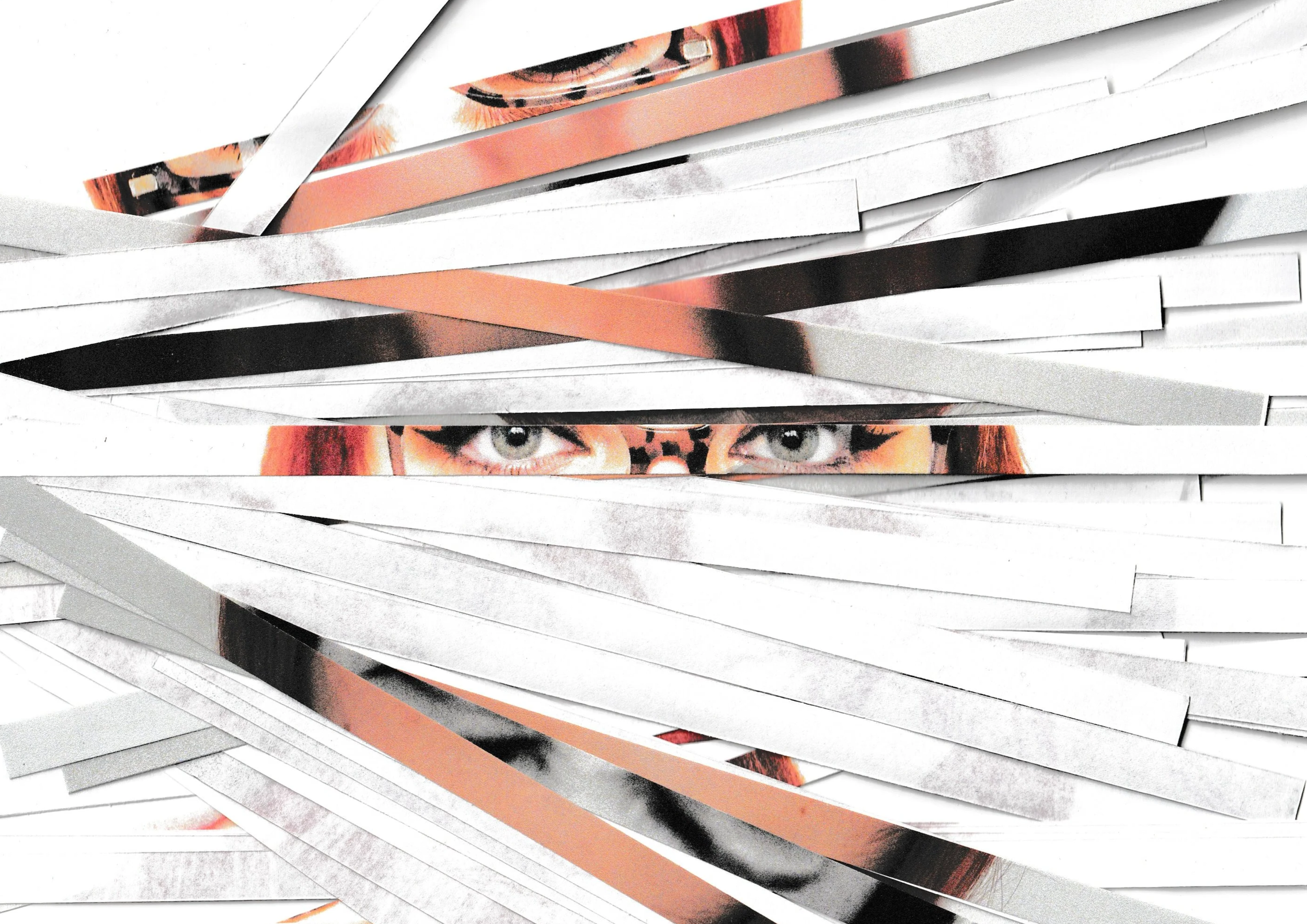 A collage of magazine pages featuring a woman's eyes with red hair, layered with torn paper strips creating a layered, abstract composition.
