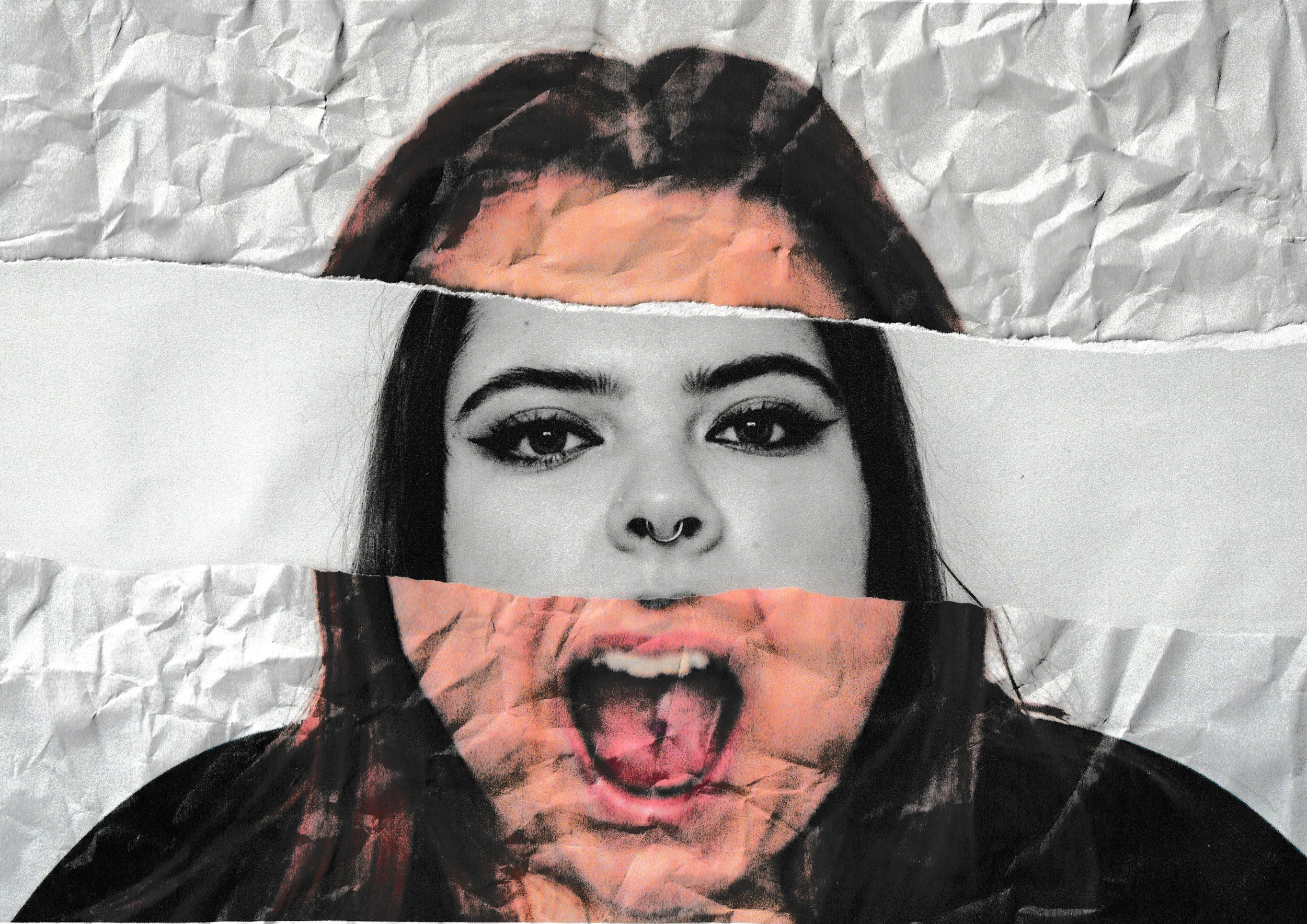 A collage of torn paper pieces forming a portrait of a woman with dark hair, bold makeup, and a septum piercing, with crumpled textured background.