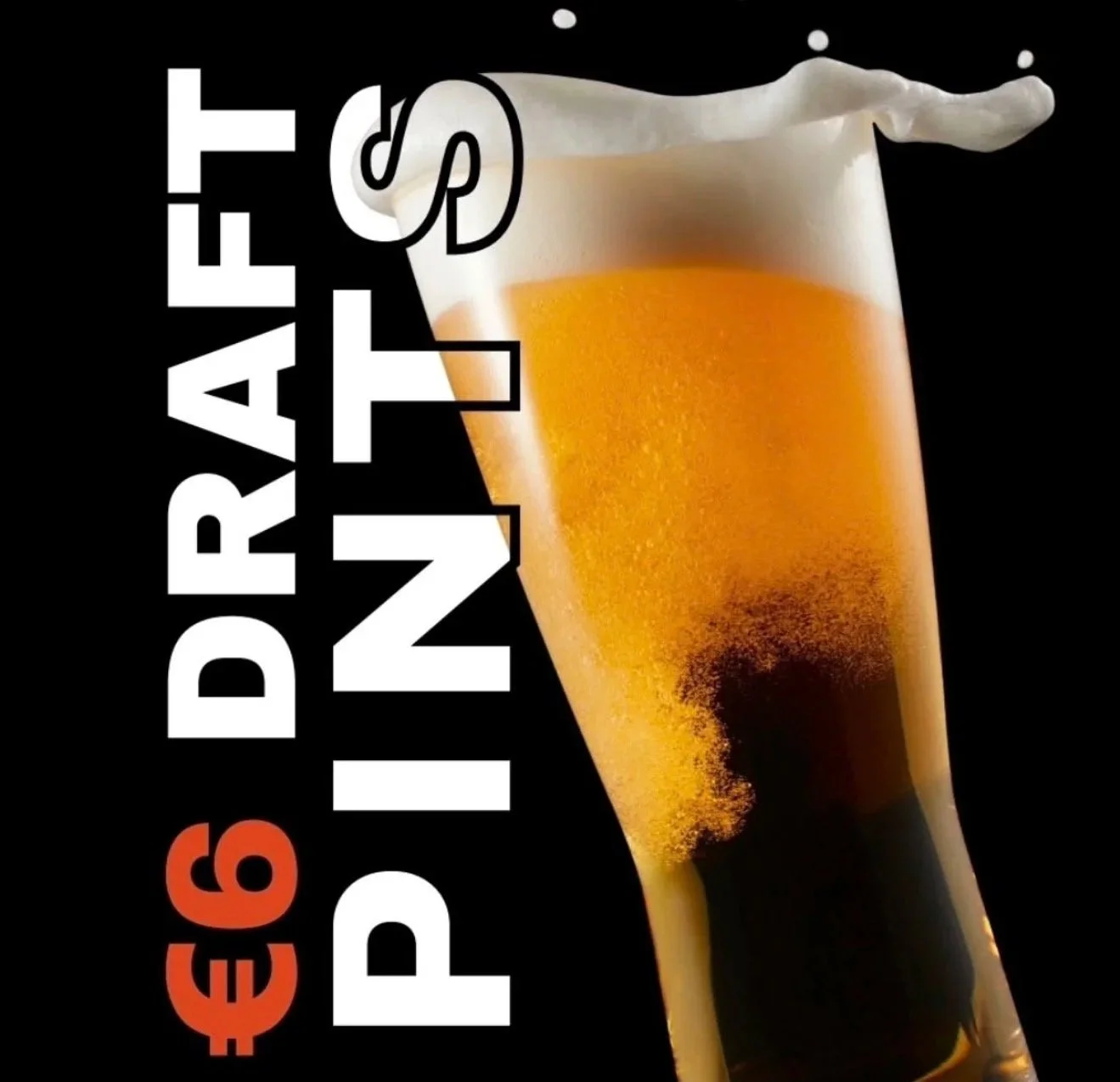 Close-up of a glass of beer with foam on top, with text indicating the price as €6, and advertising the drink as a pint.