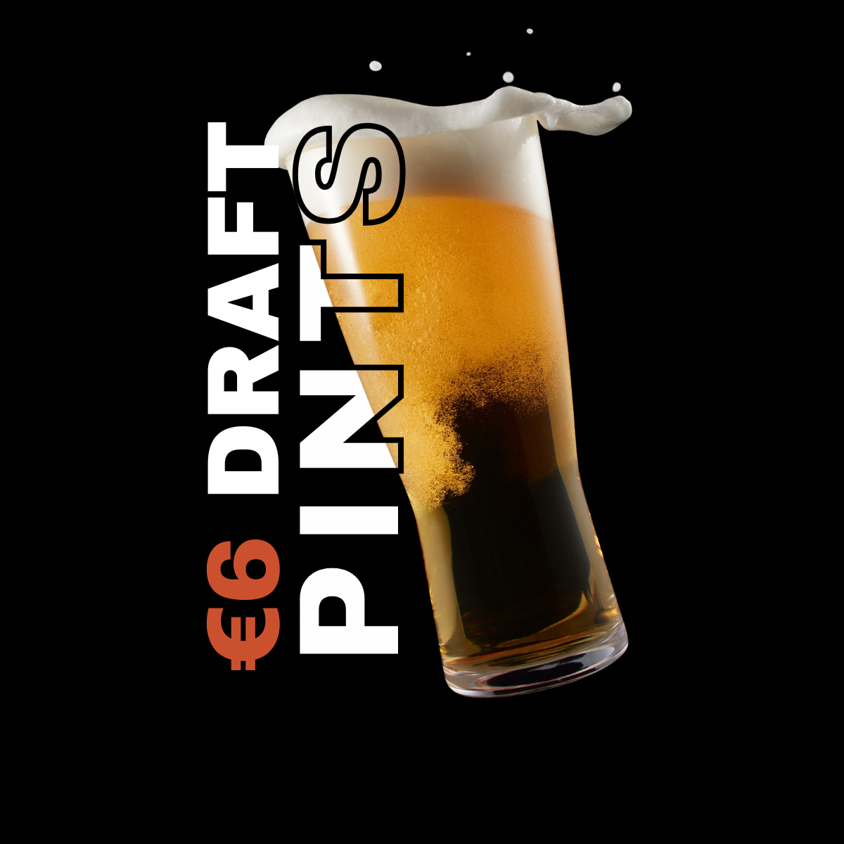 A glass of dark beer with foam on top and a black background, with price and description overlayed.