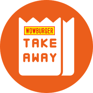 A stylized sign with orange background, black border, and the words "WOWBURGER TAKE AWAY" in red and yellow.