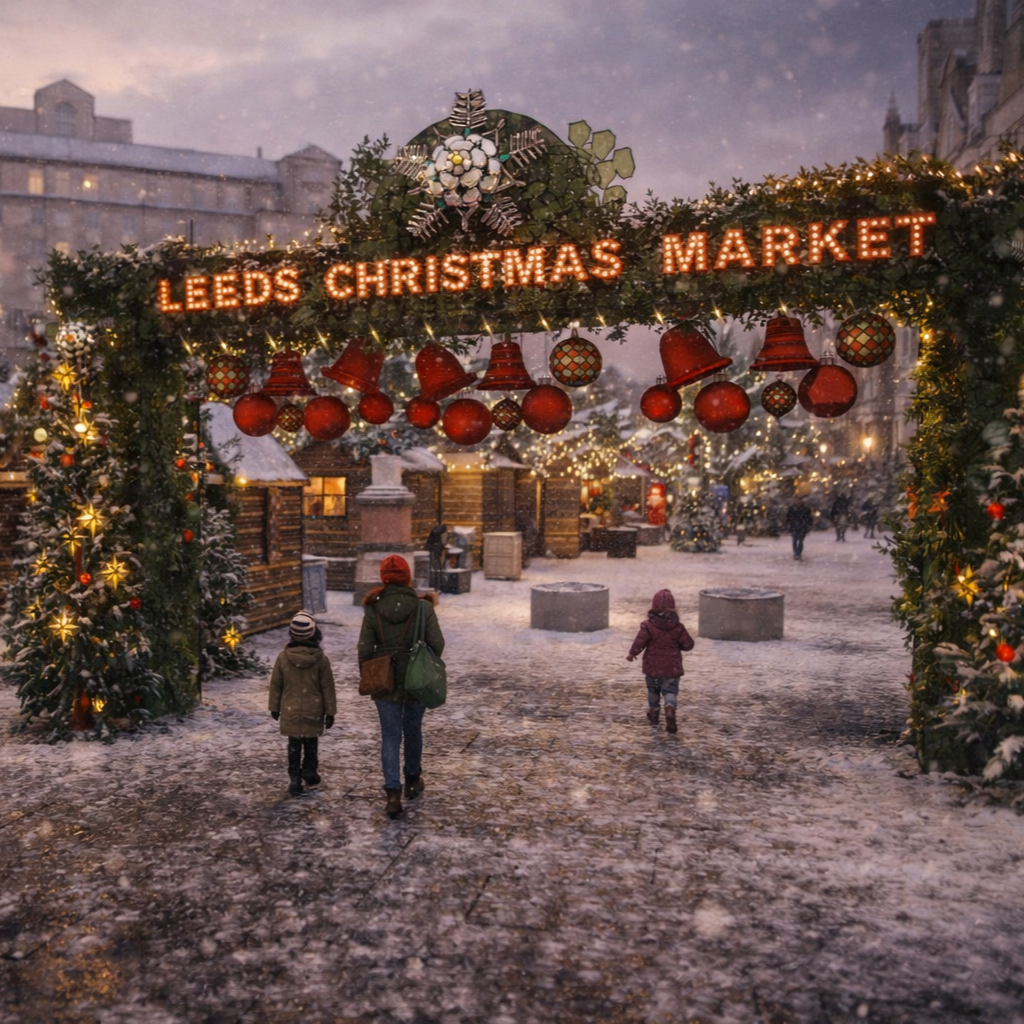 Holiday market entrance decorated with Christmas ornaments, lights, and a sign that reads 'Leeds Christmas Market,' with snow-covered ground and people walking.