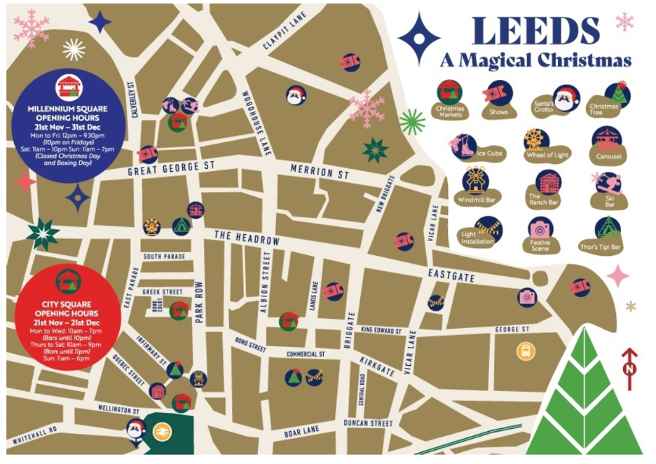 A map of Leeds during Christmas, featuring local landmarks and Christmas-themed icons like Santa, a Christmas tree, snowflakes, and decorated cars, with event and opening hour details for Millennium Square and City Square.