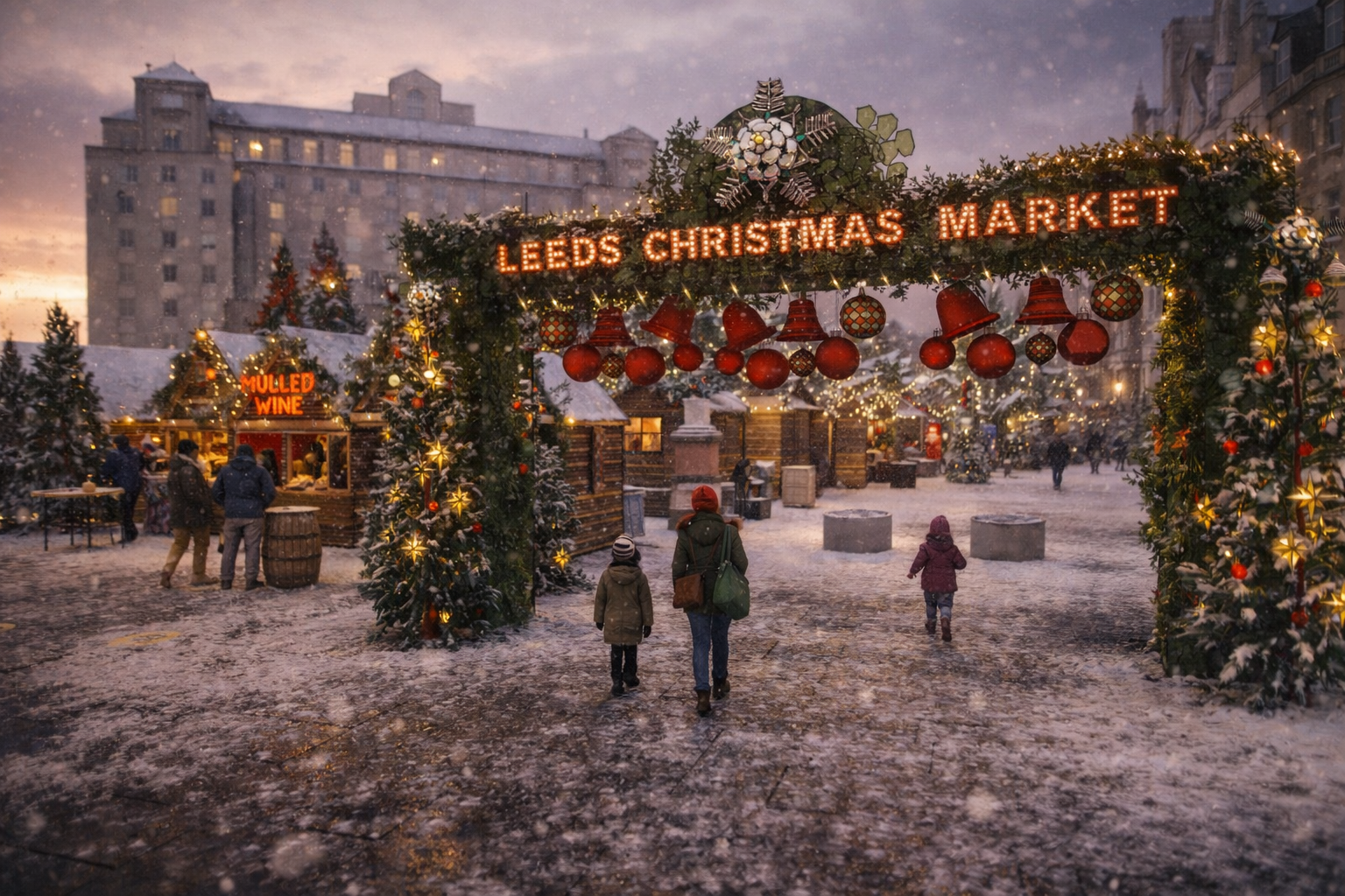 People walking through a snowy Christmas market with decorations and lights, including a large sign that reads 'Leeds Christmas Market'