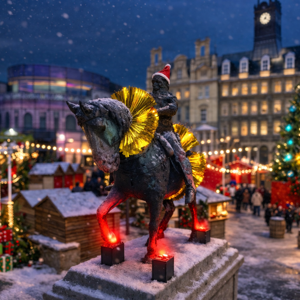 A decorated bronze statue of a mounted knight wearing a Santa hat, illuminated with red lights, standing on a snow-covered pedestal in a festive outdoor market at dusk, with Christmas trees, market stalls, and a historic building with a clock tower in the background.