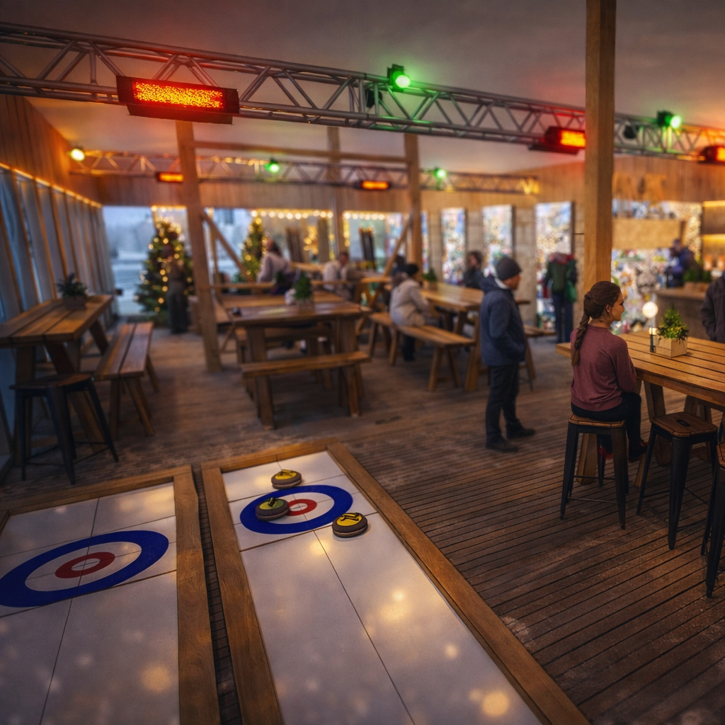 Indoor curling facility with wooden floors, decorated Christmas trees, and people playing ice curling. There are wooden tables and benches, and a target on the ice with curling stones.