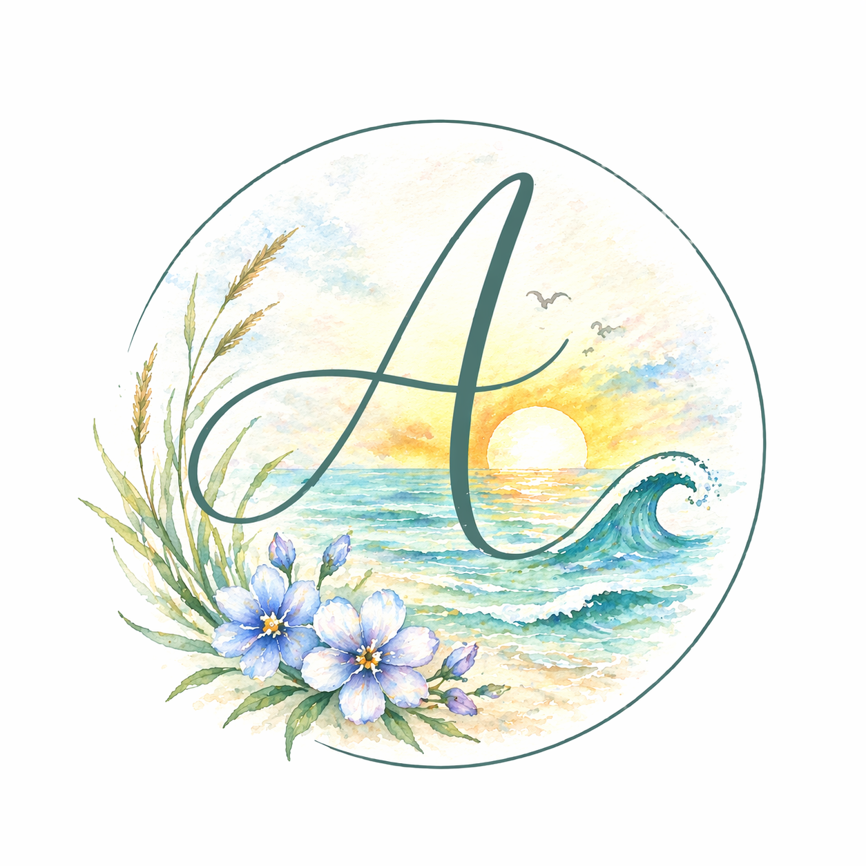 Design logo, an A with a wave and the sea. The sun in the back ground and some forgetmenots at the bottom looping round with ferns.