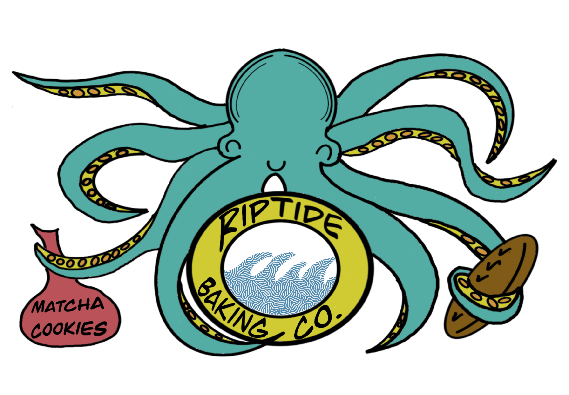 Drawn illustration of a blue octopus holding a bag of matcha cookies in one tentacle and a wooden spoon in another, with a yellow-rimmed circle around its face labeled 'Riptide Baking Co.' and a small boat in the circle with blue waves, on a white background.