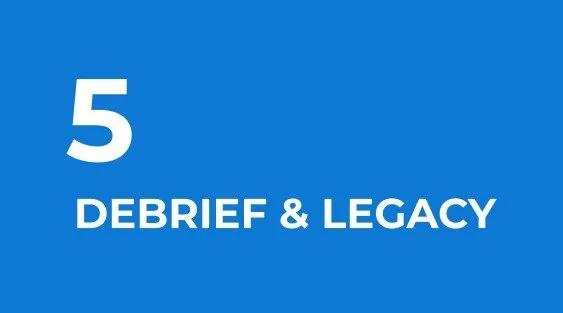 Blue background with white text reading '5 DEBRIEF & LEGACY'.